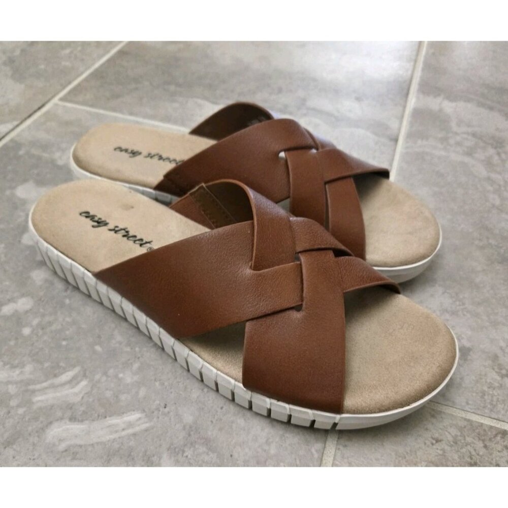 Easy Street Brown Cross Woven Slide Flat Sandals US 8 Womens Comfort